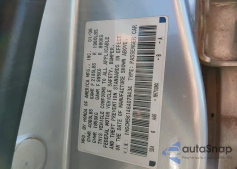 2006 Honda Accord 2.4 Vp from USA, damaged, VIN 1HGCM56146A079434